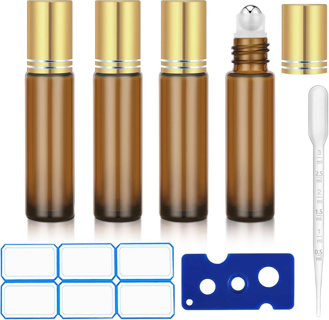 4 Pack of 0.34 Oz (10ml) Essential Oil Roller Bottles - Refillable, Leak-proof Amber Glass Roll-on Bottles with Stainless Steel Roller Balls, Metal Caps, and Labels Included