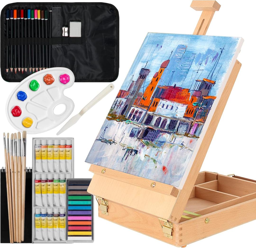 Kuyal Art Kit, 45 Piece Wooden Paint Set Crafts Drawing Painting Kit with Box Easel and 18 Acrylic Oil Paint Colors, 12 Color Pencil Etc. for Teens Adults Artist, Art Supplies