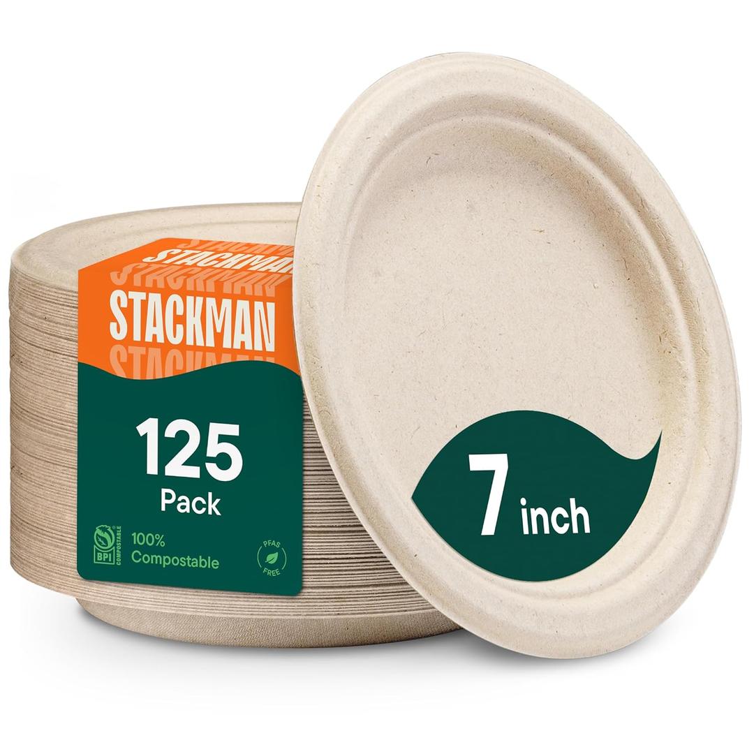 8 x Paper Plates, 100% Compostable Heavy Duty, Disposable 7 Inch, Small Dessert Plate - [125-Pack] Eco-Friendly, Biodegradable Bagasse Natural Brown 7" Small Plates - (PFAS-Free) - (BPI Certified)