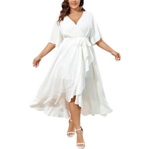 SCOMCHIC Women Plus Size Maxi Dress Short Sleeve Wrap V Neck High Low Split Ruffle Long Dress (XX-Large Plus, White)