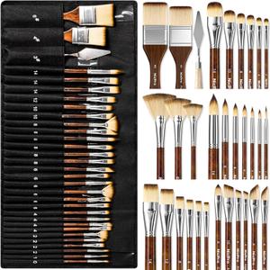 Nicpro 30pcs Paint Brush Set, Professional Paintbrushes with Paint Spatula and Cloth Roll, Craft Paint Brushes for Acrylic Painting, Oil, Watercolor, Gouache, Art Supplies for Artists and Beginners (Wood)