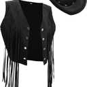 Yaomiao 70s Hippie Womens Fringe Vest Western Felt Cowgirl Hat Cowgirl Costume Rivets Sleeveless Faux Suede Tassels Jacket