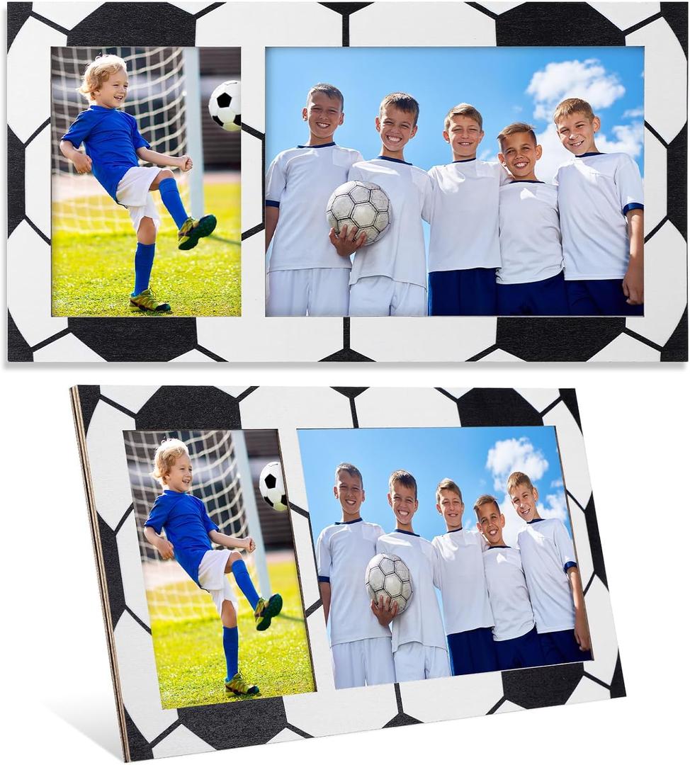 Yuntau 2 Pcs Double Opening Soccer Picture Frame for 3"x5" and 7"x5" Photos Display Wood Soccer Photo Frames Sports Decor Gifts for Team Player Coach Home Tabletop Display Accessories