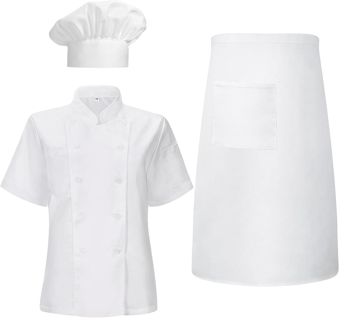 Hillban 3 Pcs Women Chef Coat Unisex Chef Jacket Uniform Tall Hat Costume Coat Shirt Bistro Apron Set (Large, White)