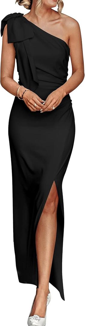 PRETTYGARDEN Summer One Shoulder Long Formal Women's Dress Sleeveless Ruched Bodycon Wedding Guest Slit Maxi Dresses (Medium, Black)