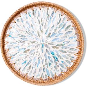 Round Rattan Tray with Mother of Pearl Inlay & Wooden Base - Decorative Wicker Serving Tray for Coffee/Bread/Fruits, Food Storage & Display - Multipurpose Home Decor (L,Colorful Leaves)