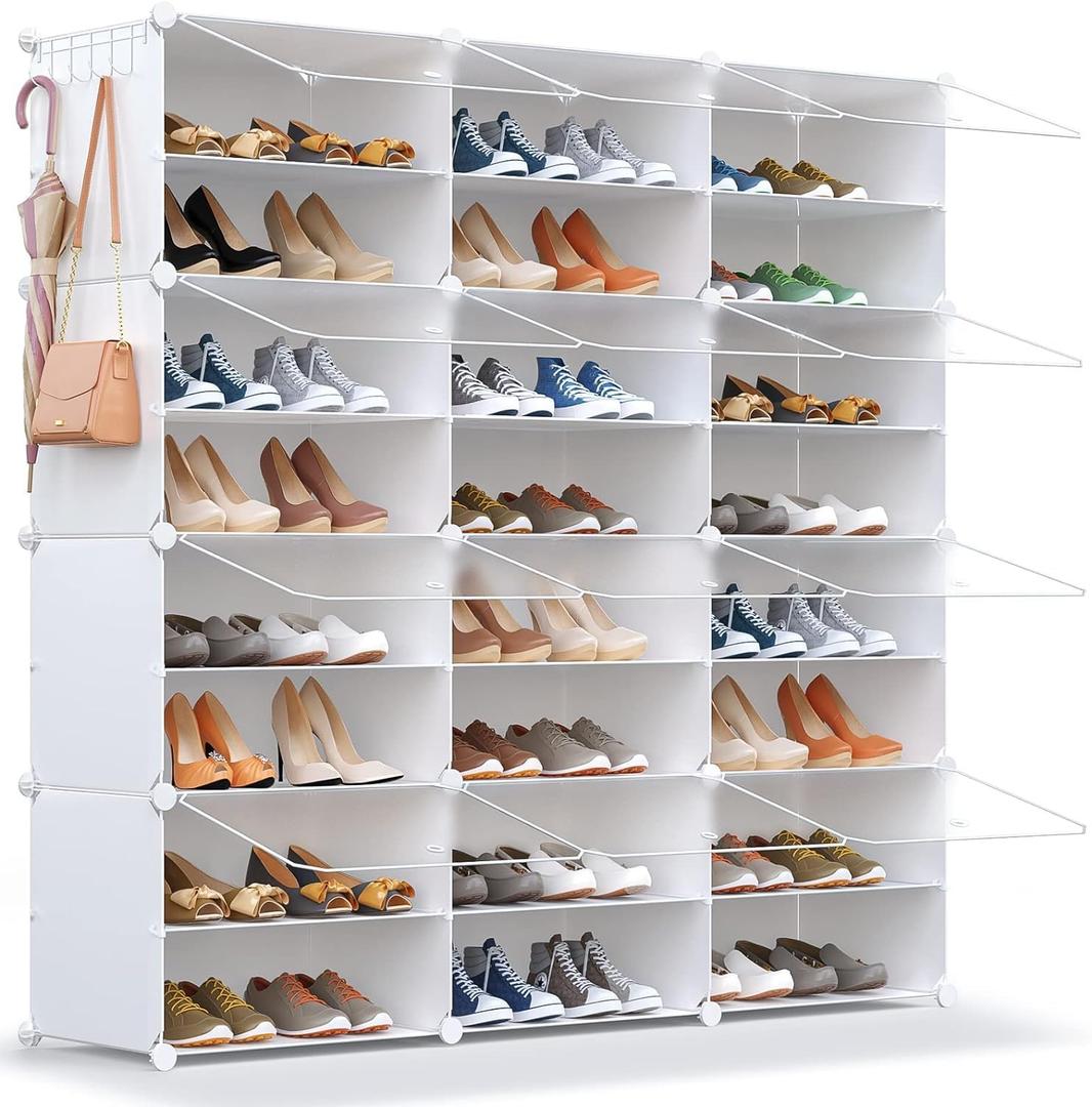 Shoe Rack Organizer, 48 Pair Shoe Storage Cabinet with Door Expandable Plastic Shoe Shelves for Closet,Entryway,Hallway,Bedroom (Transparent Door-white)
