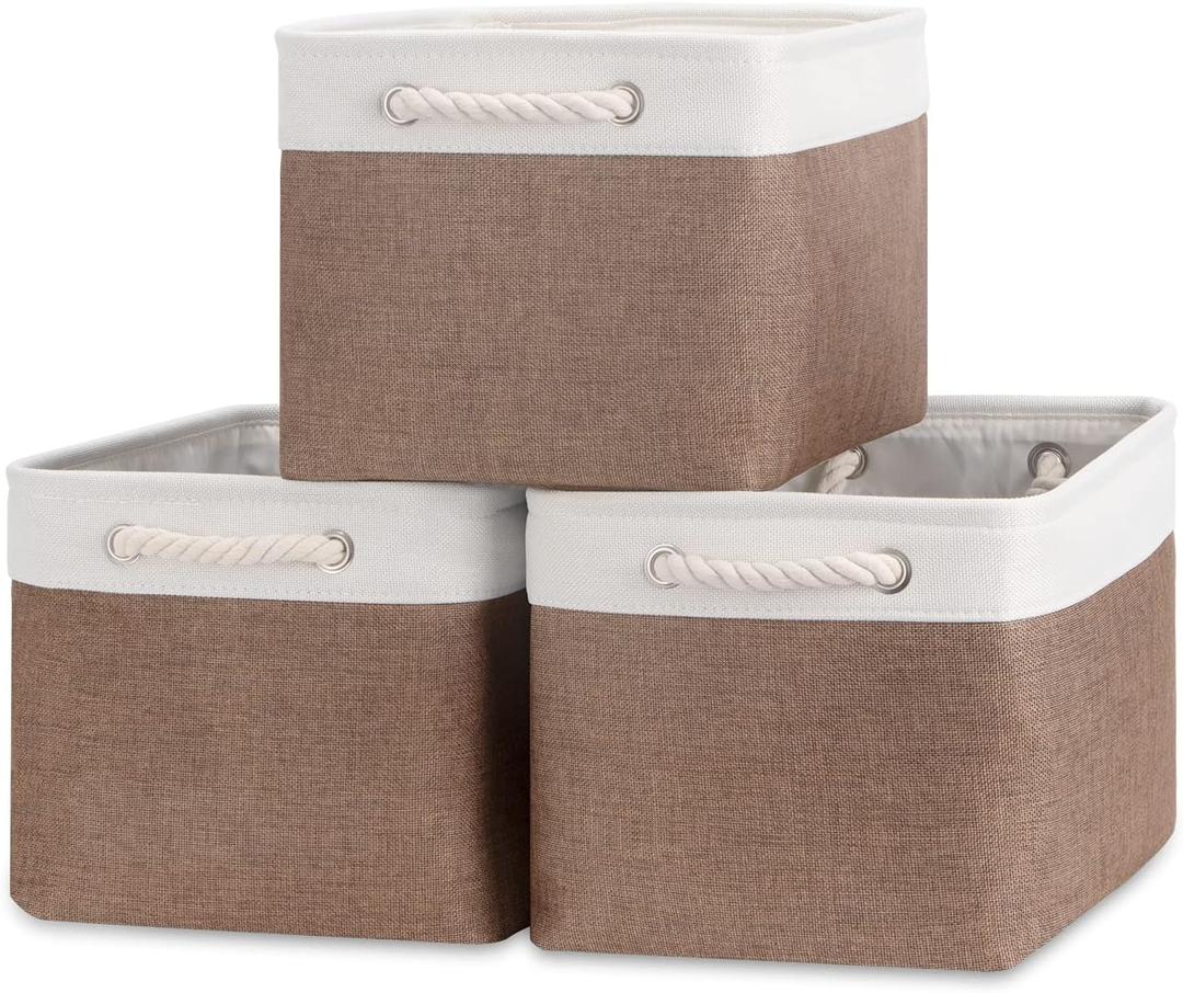 Bidtakay Baskets Fabric Storage Bins for Shelves [3-Pack] Decorative Storage Baskets for Organizing 15 X 11 X 9.5 inches Nursery Closet Foldable Toy Storage Closet Organizer Brown (White&Earthy Brown)