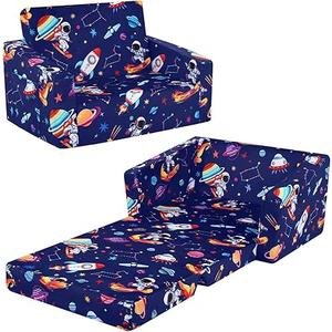 Foldable Kids Sofa,2-in-1 Flip Out Kids Couch, Convertible Sofa to Lounger for Boys Girls, Comfy Toddler Couch for Bedroom Nursery, Astronaut