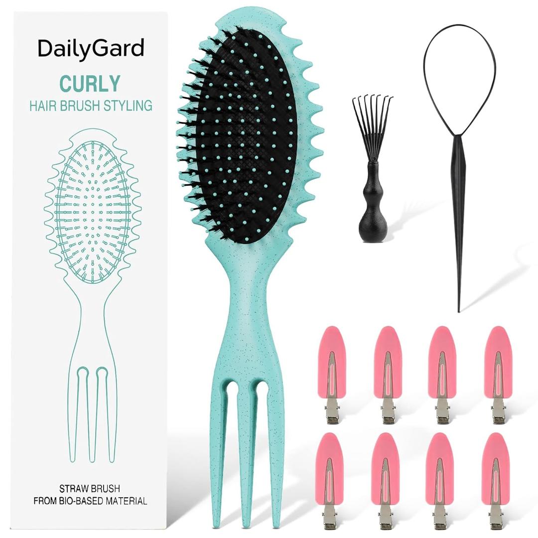 3 x Curly Hair Brush Set,Curl Defining Brush for Curly Hair,Trident Handle Design,Detangling & Shaping & Defining Curls for Women and Girls,Wet or Dry Hair(Green)