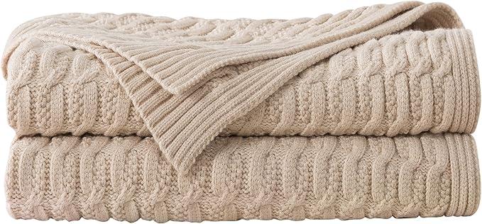 WDCOZY Cable Knit Throw Blanket – Super Soft, Warm & Lightweight Knitted Jacquard Throw Blanket for Couch, Sofa, Bed, Chair, Cozy Texture Farmhouse Decorative Home Blanket, Beige 60x80 inches