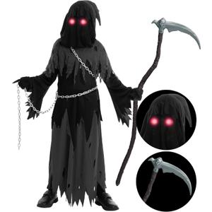 Spooktacular Creations Glowing Eyes Grim Reaper Costume for Kids, Halloween Costume for Boys, Halloween, Dress-up Party (Large(10-12 yr), Grey)