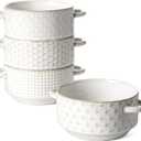 LE TAUCI Soup Bowls with Handles, 20 oz French Onion Soup Crocks, Stackable Soup Bowl Oven Safe for Chili, Beef Stew, Embossment Ceramic Bowl Set - 5.4 Inch, Set of 4, Arctic White