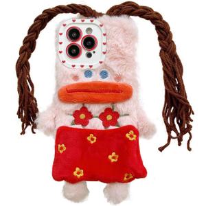 Funny Phone Case Compatible with iPhone 13 Pro,Cute DIY Braids Furry Winter Warm Fluffly Case Camera Protetor Shockproof Girls Women Kids Case for iPhone 13 Pro(Sausage Mouth Girl)