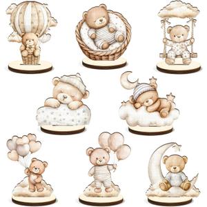 16 Pcs Wooden Baby Shower Table Centerpiece Brown Bear Tabletop Detachable Sign Boy Or Girl Gender Reveal Table Toppers Display Decoration Bear Birthday Photo Props Party Favor