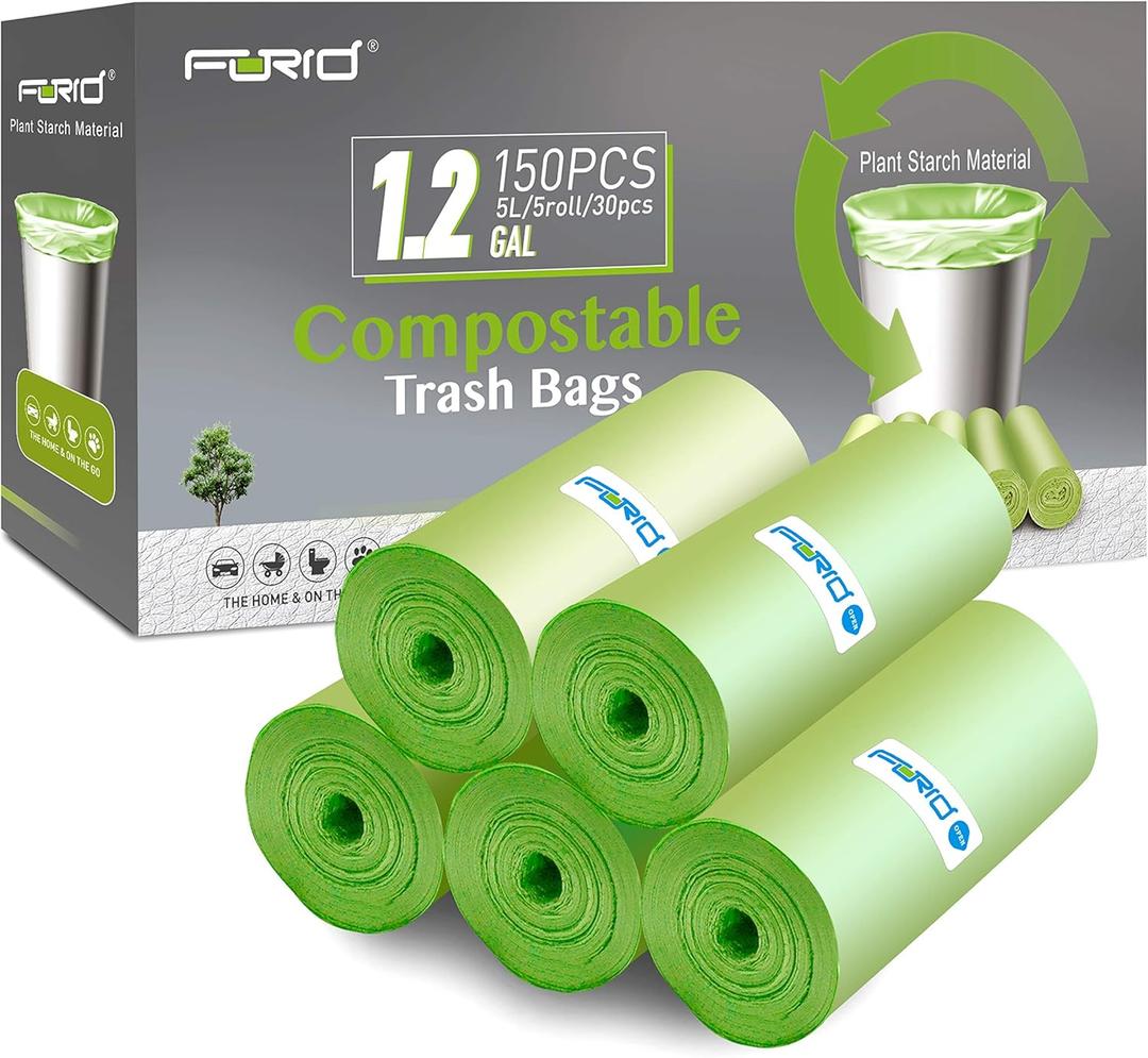 Forid Compostable Trash Bags - FORID 1.2 Gallon Small Garbage Bags 150 Count Mini Strong Trash Can Liners 5 Liter Unscented Wastebasket Bags for Kitchen Bathroom Office Home Garbage Can (5 Rolls/Green)