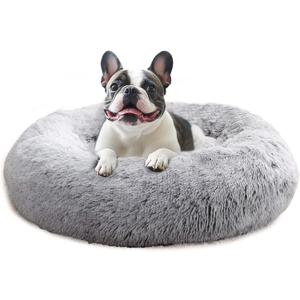 JOLLYVOGUE Calming Dog Bed Medium Size Dog, Anti-Anxiety Donut Medium Pet Bed, 27 inches Fluffy Faux Fur Round Cat Bed (Smoke Grey) (27.0"L x 27.0"W x 8.0"Th)