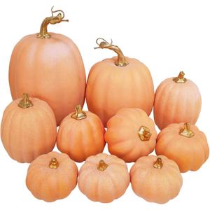 Winlyn 10 Pcs Assorted Artificial Orange Pumpkins Decorative Pumpkins Faux Light Orange Pumpkins Foam Pumpkins for Fall Harvest Autumn Wedding Thanksgiving Halloween Table Centerpiece Mantel Dcor