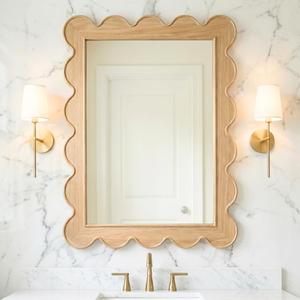CAALMA Scalloped Wall Mirror 24 x 36 Rectangular, Bathroom Mirror, Mirrors for wall Decor, Wooden Frame Mirrors for wall, Decorative Vanity Mirror, Nursery Decor, Entryway Mirror, Wall Mounted Mirror