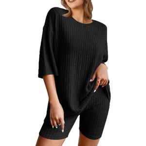 NORACORA Pajamas 2 Piece Lounge Sets Ribbed Knit for Women Matching T-shirt Shorts Outfits Sleepwear (Small, Black)