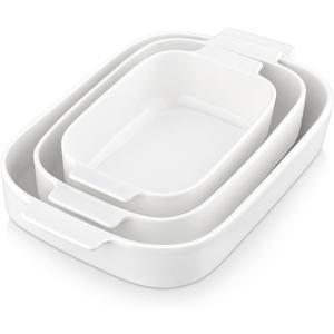 MALACASA Casserole Dishes for Oven, Ceramic Baking Dishes Set of 3, Rectangular Lasagna Pan Deep Baking Pans, Bakeware Sets with Handles Gift Set, White (13.8''/11.7''/9.4''), Series BAKE