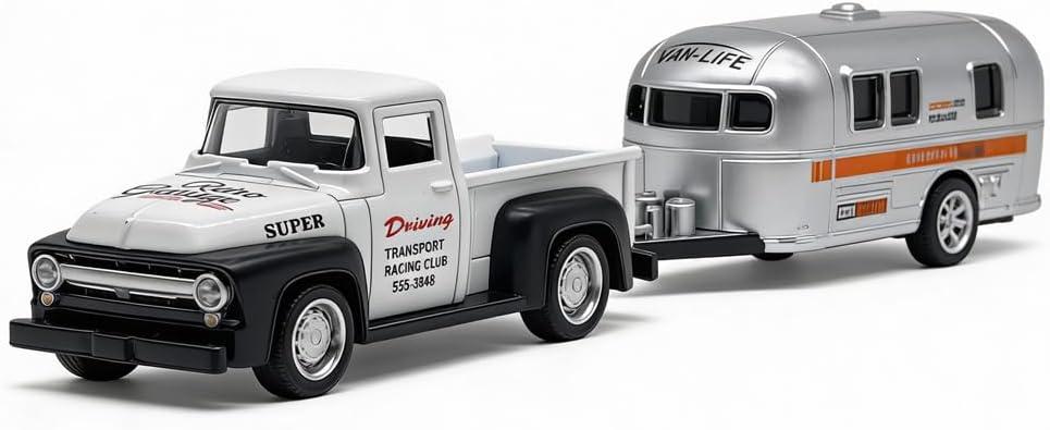 VIIGER Pickup Truck Trailer Towing Toy Camper RV Motorhome Toys for Boys Diecast Model Car Metal Pull Back Toy Cars, 3 4 5 6 7 Year Old Toddler Kids Birthday Gifts Cake Topper Home Office Dcor White