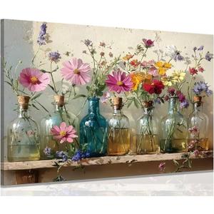 1Pcs Framed Retro Farmhouse Flowers Canvas wall art Colorful wildflowers Posters Prints Colored glass bottles Artwork Pictures Printing Wall Decor for Living Room Bedroom Bathroom Home Decoration (24"L x 16"W)