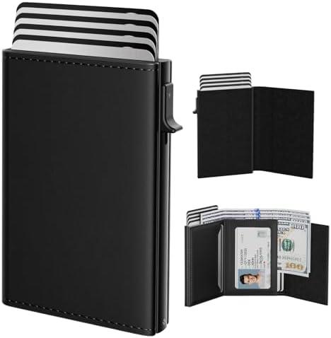 typecase Mens Wallet Card Holder: Pop Up Aluminum Case, Genuine Leather, Smart, RFID Blocking, Slim, Minimalist, Front Pocket - 9-14 Card Capacity | ID Window | Cash Slot (Deep Black)