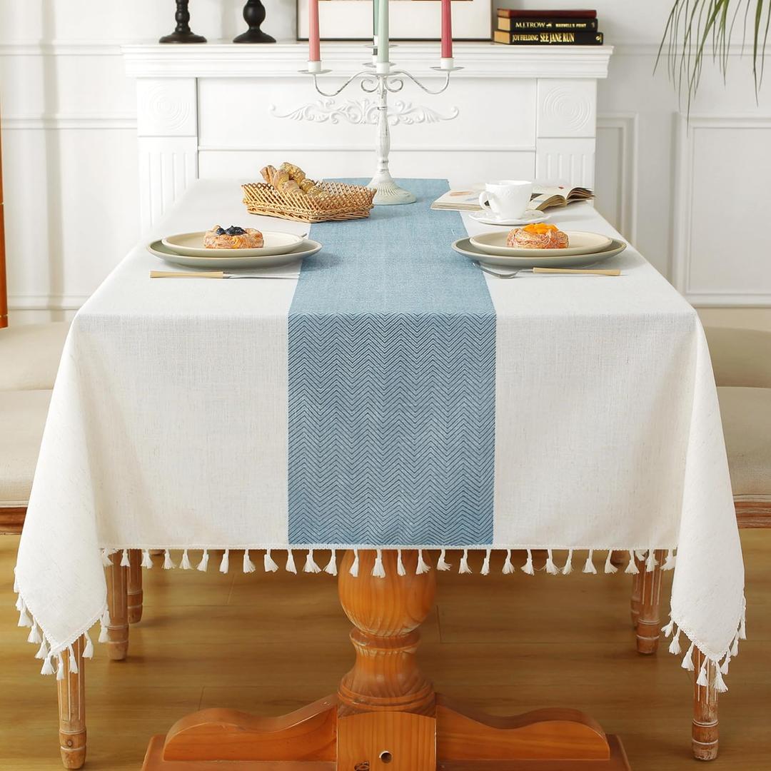 Laolitou Tablecloth for Dining Table Rustic Farmhouse Kitchen Tables Cloth Coffee Tablecover, Cotton Linen Fabric Small Rectangle Table Cloths, Beige, Blue Stripe, 55x55 Inch
