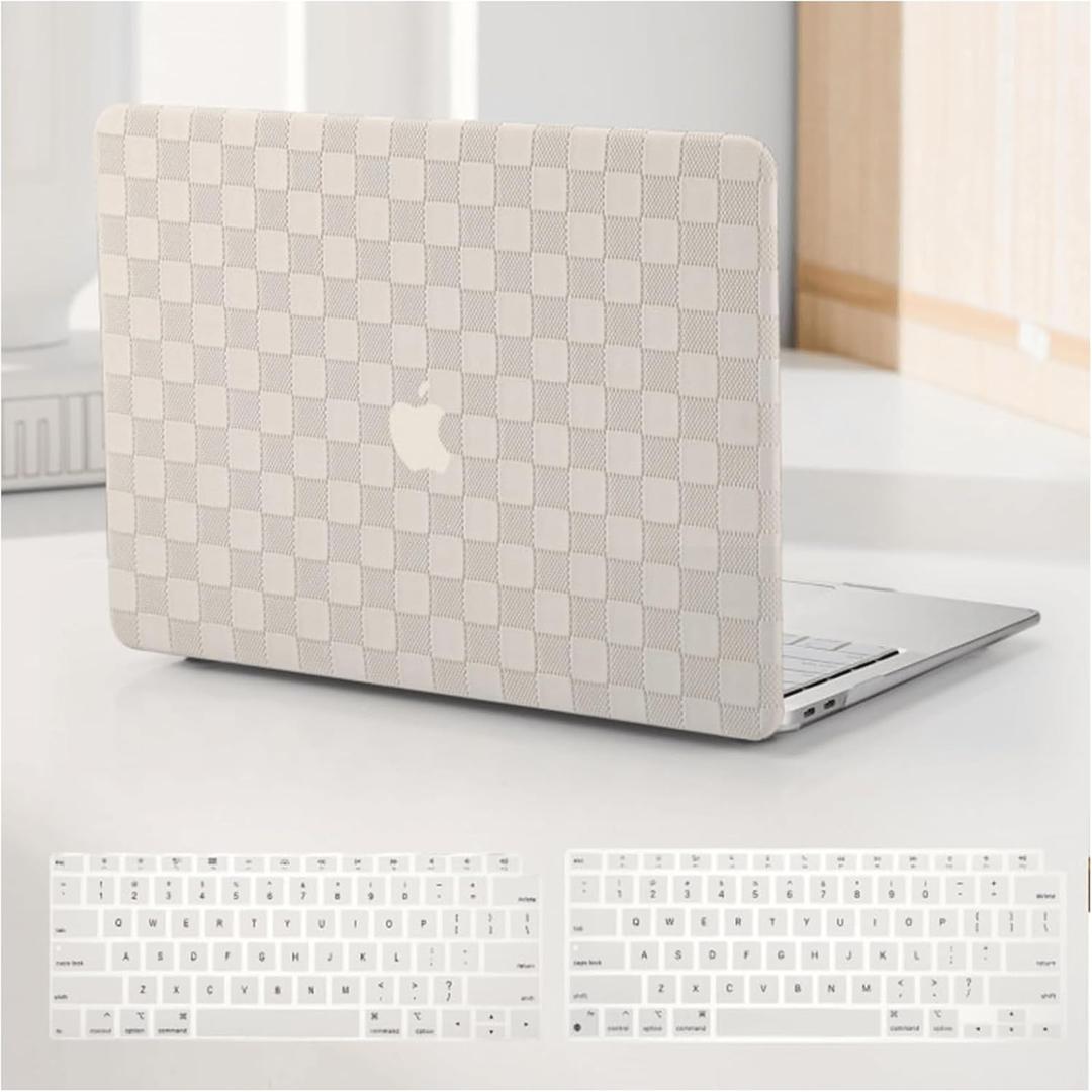 Compatible with MacBook Pro 13 inch Case M2 2024, 2023, 2022-2016 A2338 M1 A2251 A2289 A2159 A1989 A1708 A1706, Checkered Textured Cream Leather Hard Shell & Keyboard Cover, Beige Checkerboard