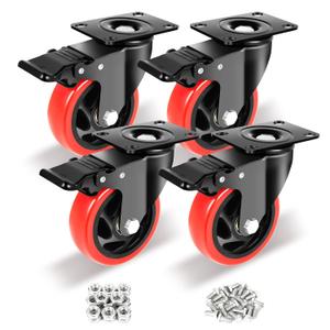 Nefish 4 Inch Industrial Caster Wheels with Brake, Casters Set of 4 Heavy Duty Grade Casters, Non-Marking Polyurethane Wheels, Workbench 1800 Lbs for Cart, Furniture, Shelving (LJ-PC-4IN)