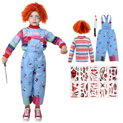 Horror Movie Killer Costume for Kids Halloween Cosplay Creepy Baby Kill Costume Jumpsuit Outfit with Wig Knife Props, Size 140