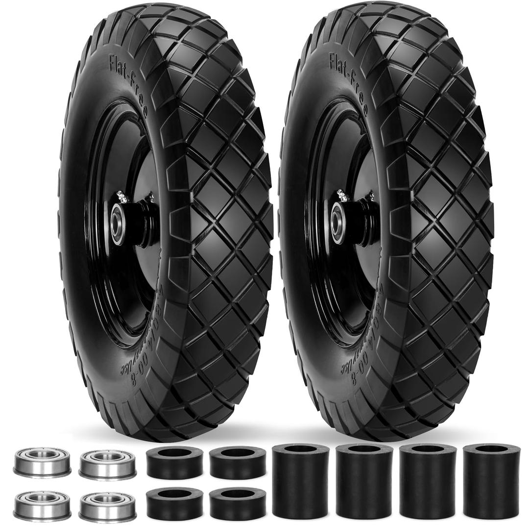 Upgraded 16" Flat Free Wheelbarrow Wheels and Tires, 4.80/4.00-8 Solid Tires with 5/8" & 3/4" Bearings,14"-16" Universal Fit Wheelbarrow Wheels for Wheelbarrows/Garden Trailer