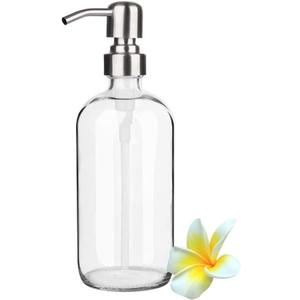 17 Ounce/ 500 ML Clear Glass Soap Dispenser with Stainless Steel Pump Refillable Liquid Hand Soap Dispenser Lotion Round Bottle Container for Kitchen, Bathroom, 1 Pack (Transparent)