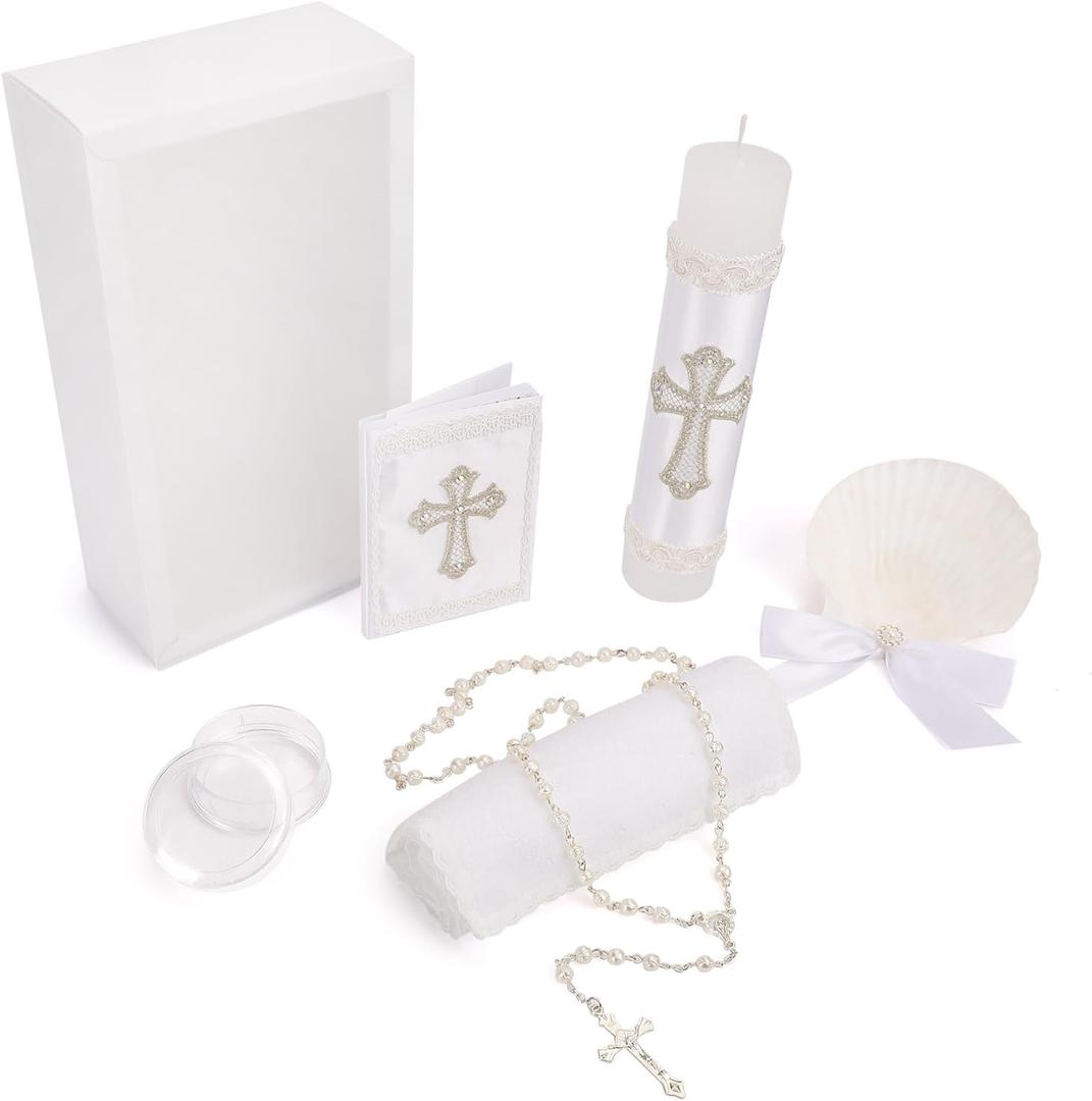 5 PCS Baptism Candle Set for Boys and Girls,White Baptism Kit Candle,Towel,Shell,Rosary andBible for Baptismal Christening First Communion Gift,Velas para Bautizo De Nio o Nia