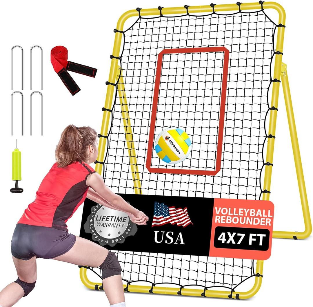 5-Angle Adjustable Volleyball Rebounder Net 7x4ft, Durable & Portable Bounce Back Training Equipment for Practicing Volleying Bumping Spiking with High-Tension Net, PU Volleyball, Pump, Stakes (Yellow)