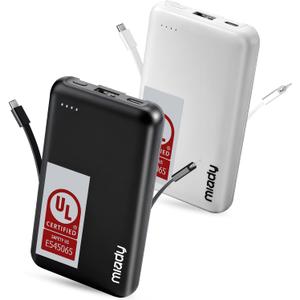 Miady UL Listed 2-Pack Small Portable Charger 5000mAh Power Bank for Travel | 18.5WhBuilt-in 2 Cables3 Outputs 2 InputsCompatible with iPhone Android etcFlight-Safefor Backpack CampinglBlack+White