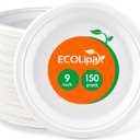 ECOLipak 9 inch 150 Pack Compostable Paper Plates, Heavy Duty Disposable Biodegradable Eco-friendly Sugarcane Bagasse Plates for Party Dinner (White)
