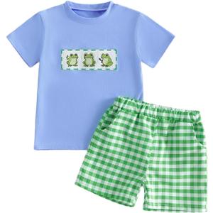Toddler Baby Boys Frog Outfit 2Pcs Infant Summer Clothes Embroidery Short Sleeves T Shirts and Gingham Shorts Set