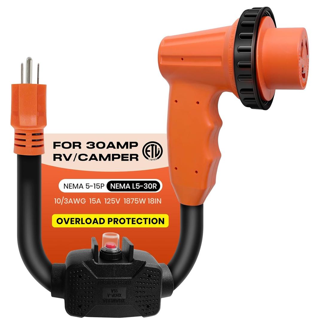 Overload Protection RV 30 Amp to 110 Adapter Cord with Circuit Breaker, 15 Amp/ 20 Amp Household to 30 Amp RV Power Electrical Adapter with Twist Lock, NEMA 5-15P to NEMA L5-30R, ETL Listed