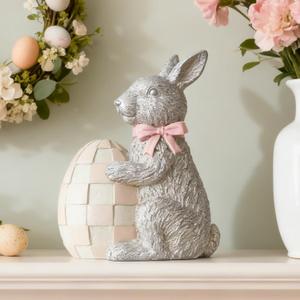 WDS WONDROUS Easter Decoration Bunny Figurine, Silver Furry Texture Rabbit with Checkered Egg & Bow, Luxury Farmhouse Spring Tabletop Centerpiece for Mantel, Shelf, Office Home Wedding Gift