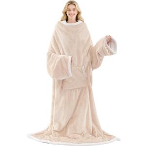 Wearable Electric Blanket with Foot Pocket and Sleeves, Heating Throw Blanket, 6 Heating Levels & Auto Shut Off, Machine Washable (Long, Beige)