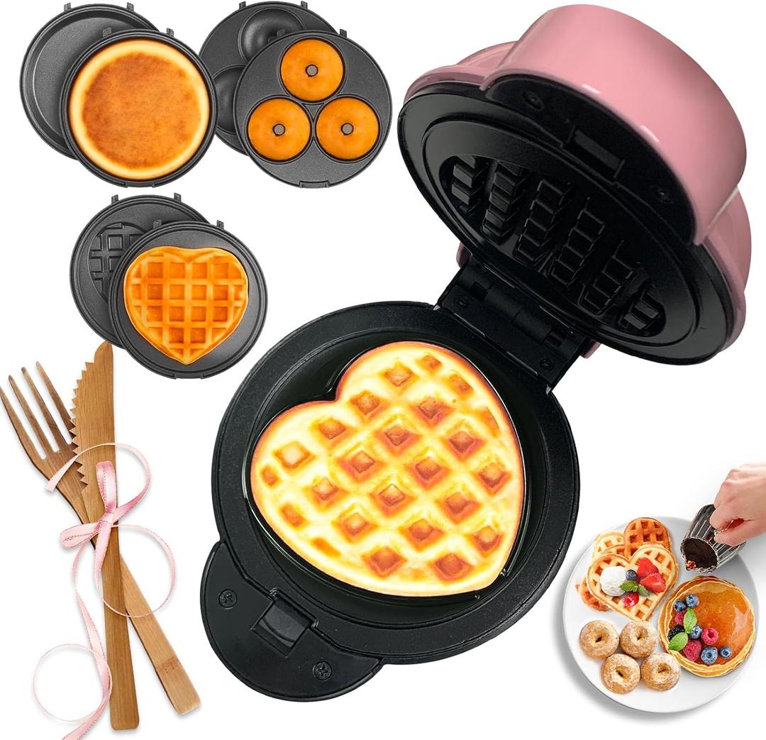 Mini Waffle Maker with 6 Removable Plates, Small Heart Waffle Maker Keto,3-in-1 Multi-plate set, Wafflera Iron for Kids Family&Individuals,4'' Non Stick Cooking Plates with Fast & Even Heating (Pink)