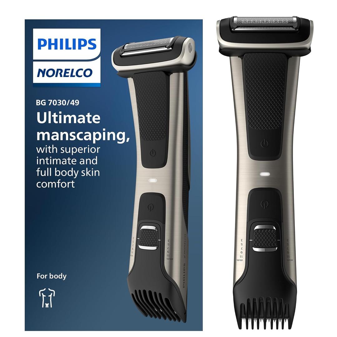 Philips Norelco Bodygroom 7000 Series, Showerproof Groin and Body Trimmer for Men, Precise Body Grooming, Adjustable Comb, Safe Even Below The Belt, 80 Min. Runtime, Model BG7030/49 (Black/Steel)