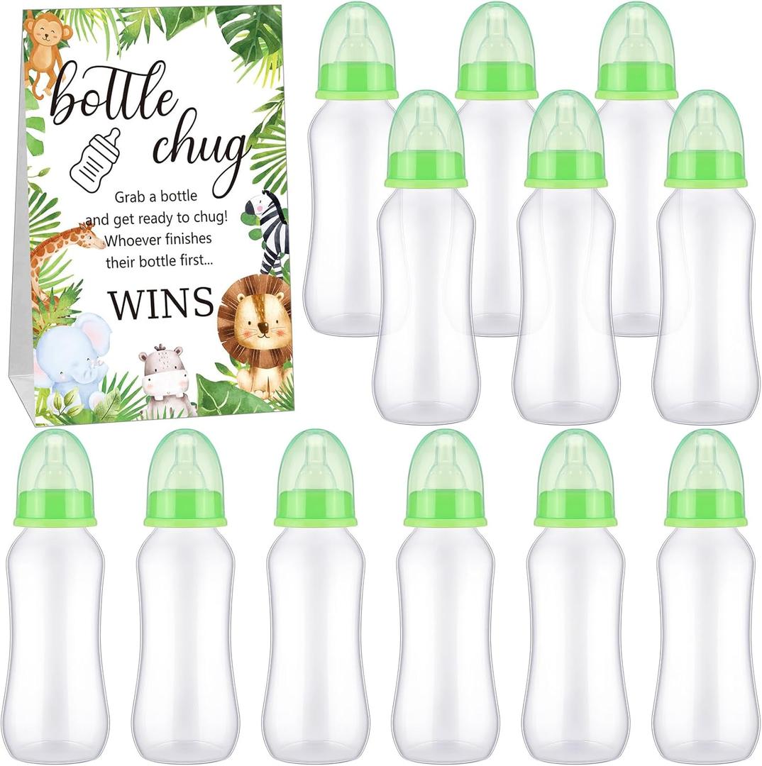 TrelaCo Cool Baby Shower Games Sets 12 Pcs Feeding Bottles with 1 Bottle Chug Sign for Gender Reveal Baby Shower Party Favors Decoration Games(Forest,Light Green)