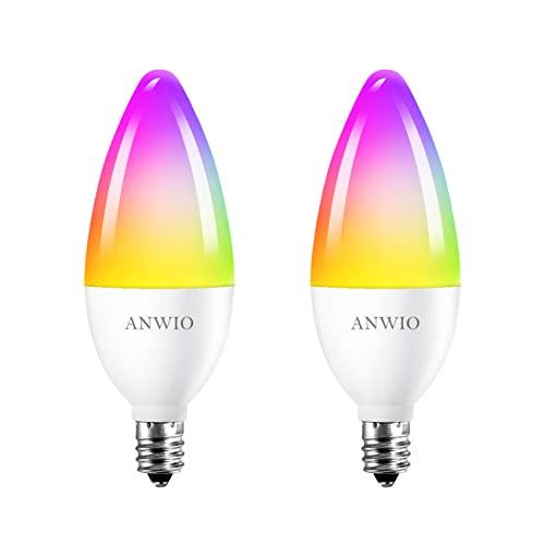 ANWIO Smart Light Bulbs, Smart Candelabra LED Bulb, Smart Chandelier Light Bulbs, 4.9W (40W Equivalent) 470LM, E12 Smart Bulbs, Compatible with Alexa Google, Only 2.4GHz WiFi No Hub Required, 2 Pack
