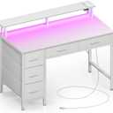 Seventable Computer Desk with Power Outlets & LED Light, 39 inch Home Office Desk with 5 Drawers, Writing Desk with Monitor Stand, Work Desk for Home Office, White