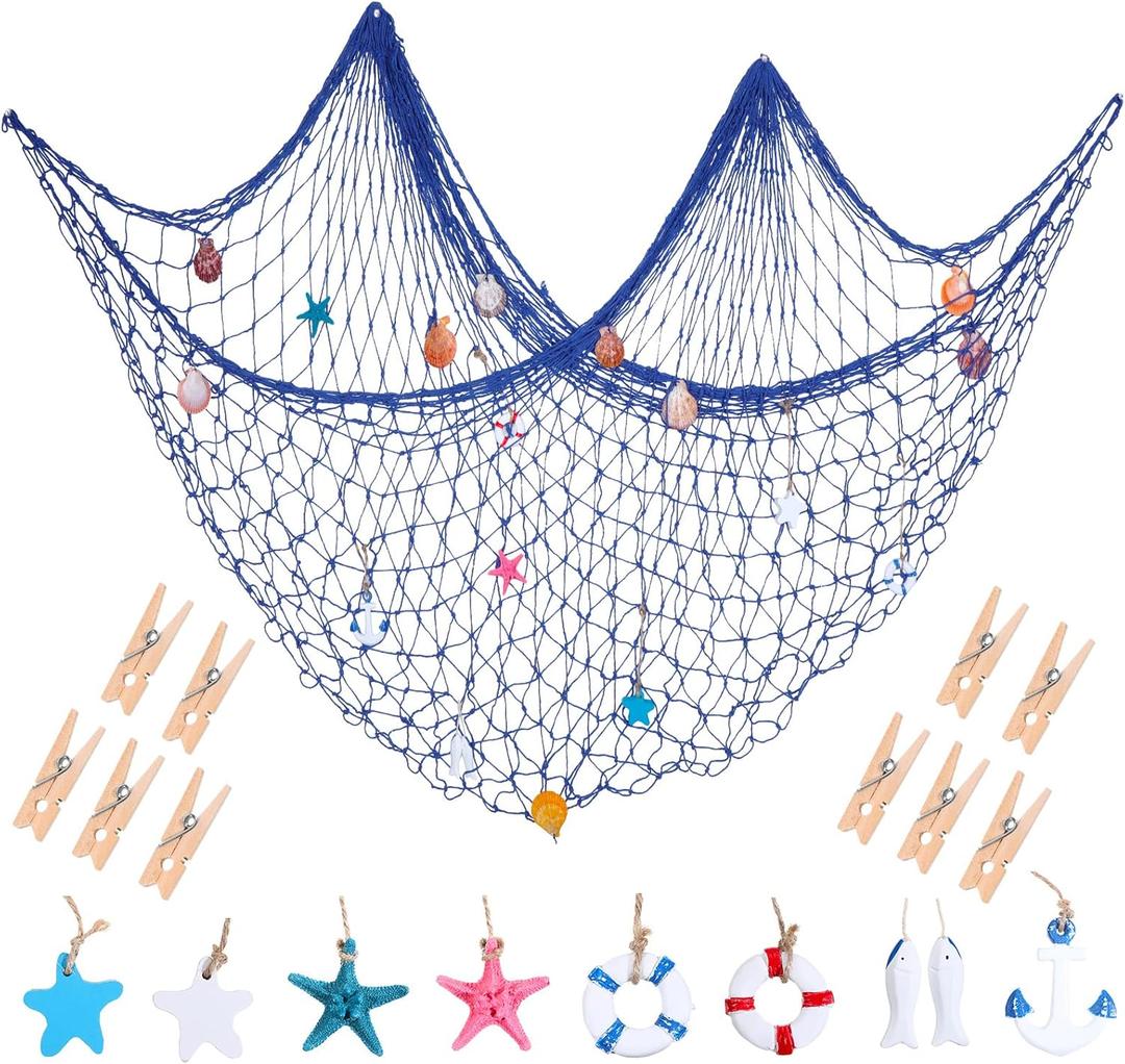 28 Pcs Fishnet Decorative Nature Fish Net Wall Decoration Set 79 x 59 Inch Nautical Fishing Net Hanging Decor, 9 Sea Shells, 4 Starfish, 2 Life Ring, Fish, Anchor, 10 Clips for Party (Blue)