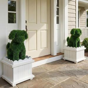 34.6" Handcrafted Artificial Dog Topiary with White Planter - Faux Boxwood Sculpture for Front Porch, Patio & Entryway Decor, UV-Resistant, No Maintenance, Outdoor (2-Pack)