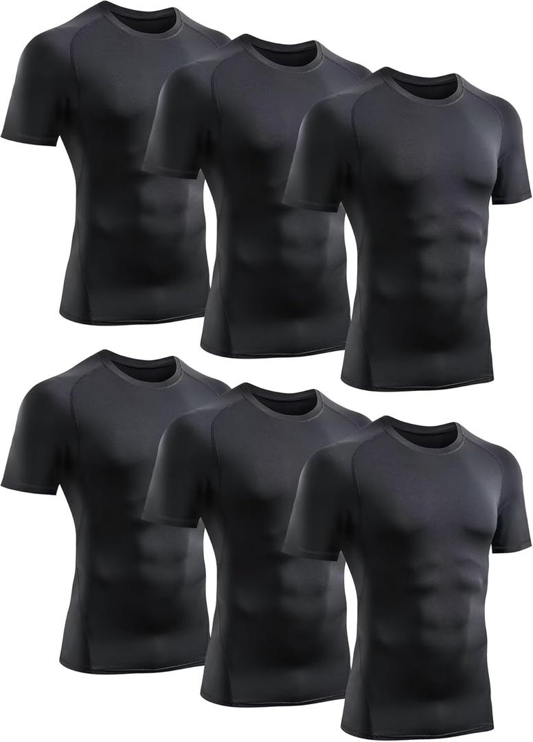 TELALEO 6 Pack Men's Compression Shirt Short Sleeve Athletic Baselayer Sports T Shirts Workout Tops for Men Black White (Large)